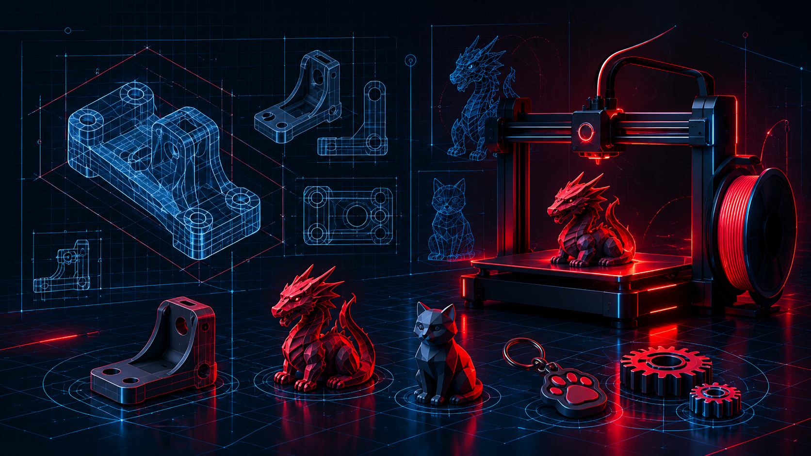 Иллюстрация 3D-моделирования и печати: чертежи, принтер, функциональные детали, фигурки и брелок