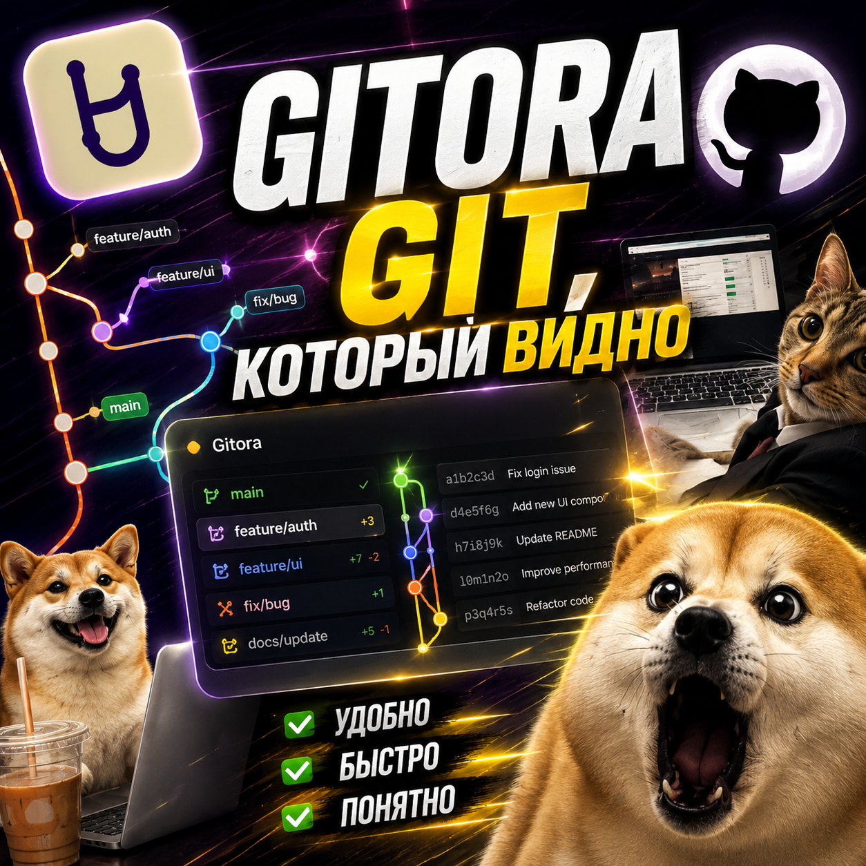Промо-иллюстрация Gitora с ветками Git и интерфейсом приложения